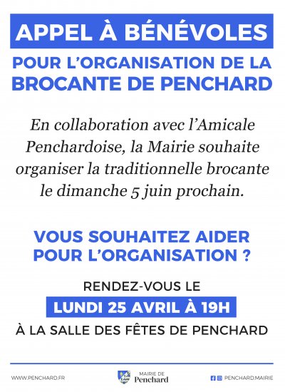 Appel à bénévoles pour l'organisation de la brocante de Penchard : rendez-vous le lundi 25 avril à 19h à la salle des fêtes