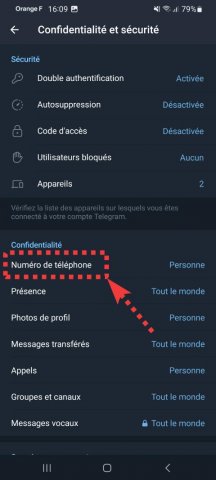 Paramétrage confidentialité Telegram